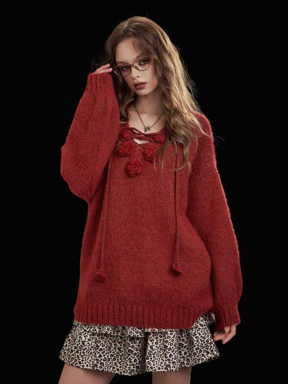 Sweater Rajut Lembut Berpotongan Santai dengan Sulaman Bunga 3D