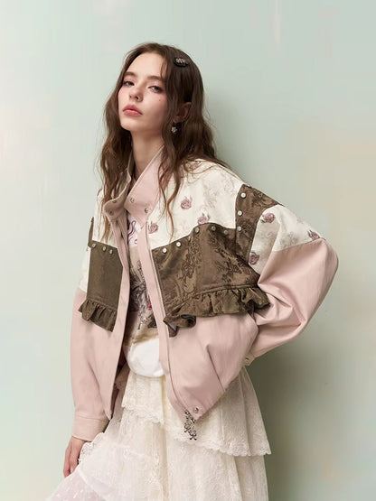 Jaket Pendek Jacquard Beropol dengan Aksen Rivet Gaya Vintaj Manis dan Cool