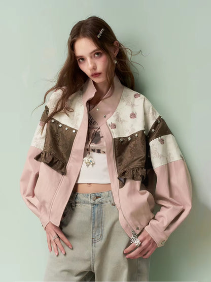 Jaket Pendek Jacquard Beropol dengan Aksen Rivet Gaya Vintaj Manis dan Cool